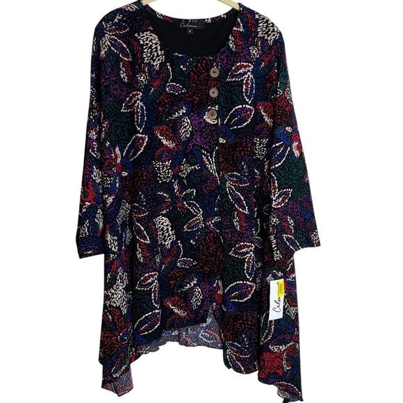 Calessa Womens Tunic Top 1X Multicolor Floral Abstract Print Asymmetrical Hem - Picture 1 of 6